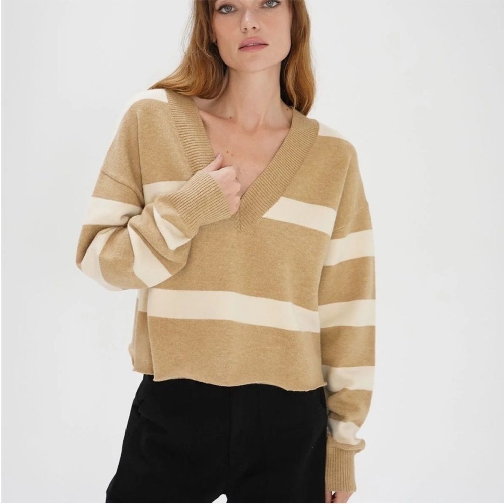 LNA Clothing Morjana V Neck Sweater in Camel Stripe - Picture 2 of 16